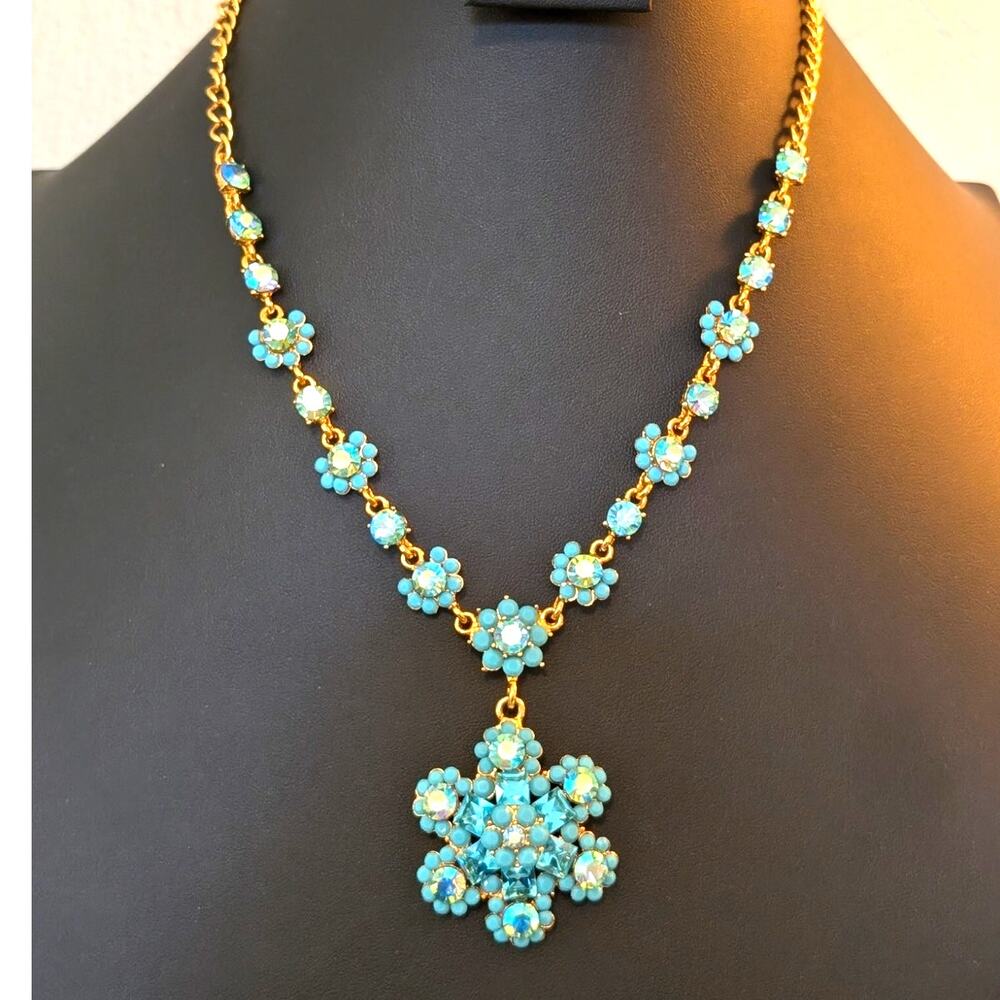 Authentic Cara Blue AB Crystal Gold Tone Pendant 16" - 20.5" Necklace